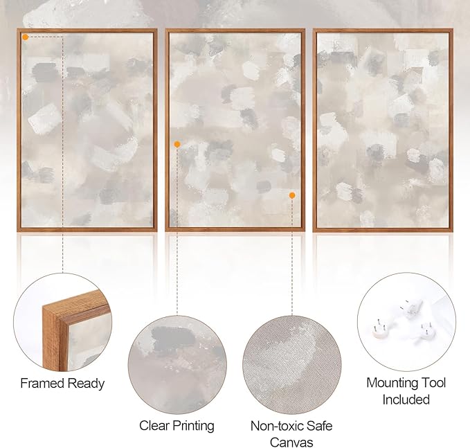 Abstract Gray Beige White Pastel Wall Art Set(16"x24"), 3 Pieces Neutral Geometric Strokes Shapes Illustration Framed Canvas Artwork, Large Mid Century Modern Minimalist Wall Decor for Office Bedroom Living Room