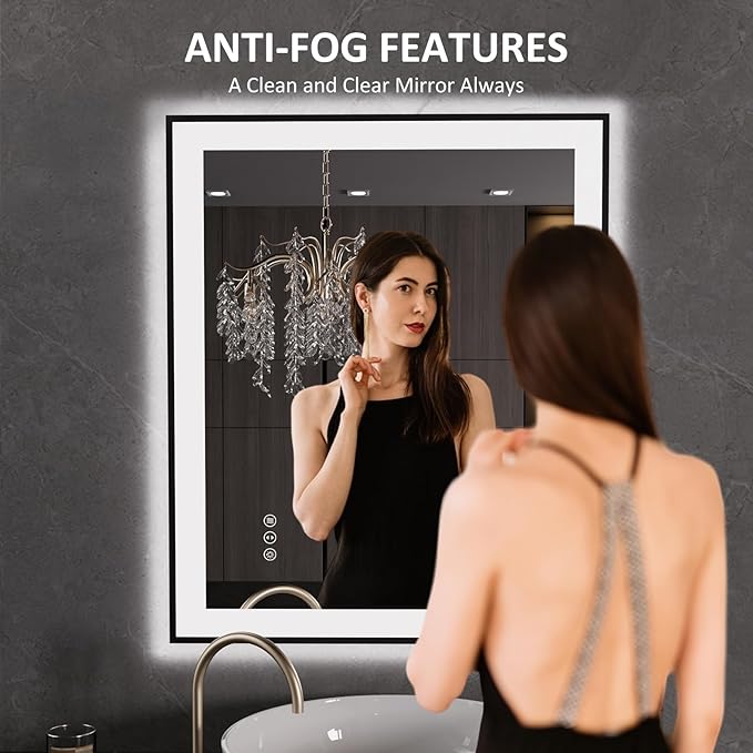 LOAAO 30"X36" LED Bathroom Mirror Black Framed, Anti-Fog, Dimmable, Lighted Bathroom Vanity Mirror for Wall, Memory Function, Tempered Glass