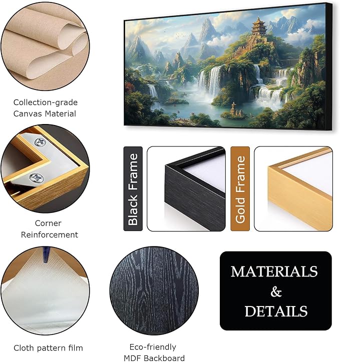 Cadeali Fantasy Waterfall Canvas Wall Art, Japanese Temple Art, Buddhist Architecture, Mountain Landscape, Asian Mythology, Living Room Wall Decor (Black Framed, 39"x19")