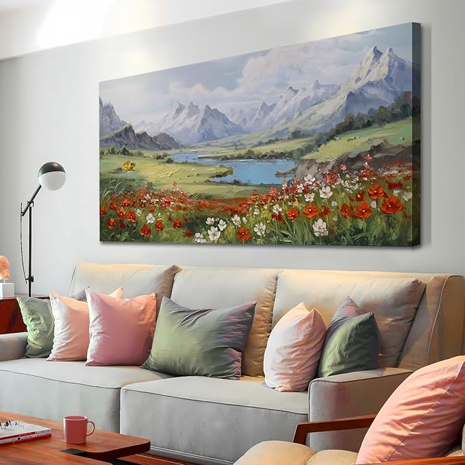 Arjun Landscape Wall Art Canvas for Living Room, Mountain Nature Painting Bedroom Large Textured Floral Scenery Picture Framed Artwork for Office Home Dining Room Hallway Wall Decor, 48"x24"