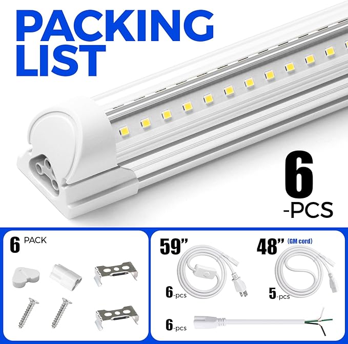 Barrina LED Shop Lights, 5FT, 50W, 6500LM, 5000K, Clear Cover T8 V-Shape Light Fixture, Linkable Shop Lights for Garage, Workshop, Warehouse, Basement, ETL Listed, 6 Packs