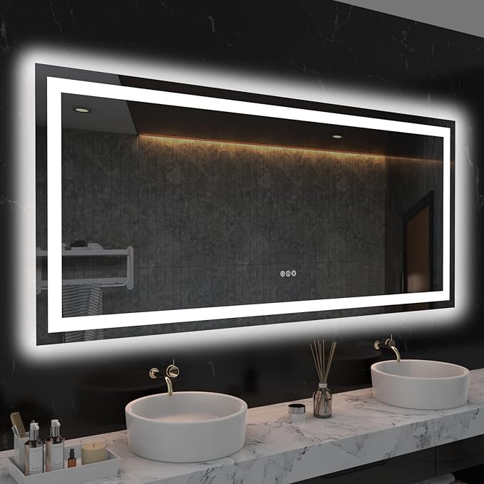 LOAAO 60X28 LED Bathroom Mirror with Lights, Anti-Fog, Dimmable, Backlit + Front Lit, Lighted Bathroom Vanity Mirror for Wall, Memory Function, Tempered Glass, ETL Listed