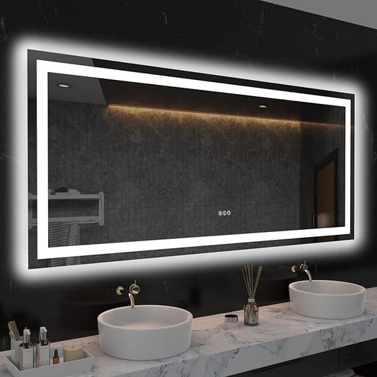 LOAAO 60X28 LED Bathroom Mirror with Lights, Anti-Fog, Dimmable, Backlit + Front Lit, Lighted Bathroom Vanity Mirror for Wall, Memory Function, Tempered Glass, ETL Listed