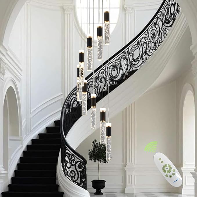 9-Lights Led Chandelier, Black and Gold Crystal Modern Led Chandelier for Dining Room, Luxury Dimmable Enterway Led Pendant Lights Fixture with Remote Control Flush Mount