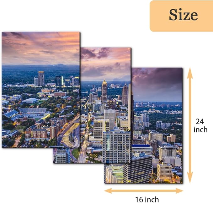 Pacimo Atlanta Cityscape Wall Art Painting Georgia City Skyline Pictures Print on Canvas for Home Decoration Downtown Skyscrapers Painting Stretched and Framed Ready to Hang - 20"x28"x3 Panels