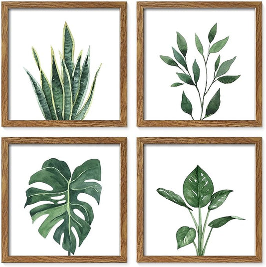 ArtbyHannah Framed Bathroom Wall Decor, 10x10 Inch Botanical Wall Art with Sage Green Plant Print for Wall Decoration, Minimalist Restroom Decor (Walnut)