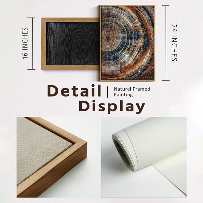 BingruiArt Framed Tree Ring Canvas Wall Art Abstract Wood Wall Decor Boho Modern Colorful Nature Painting Wood Stump Prints Pictures for Living Room Bedroom Bathroom Office 16"x24" Natural Framed(04)