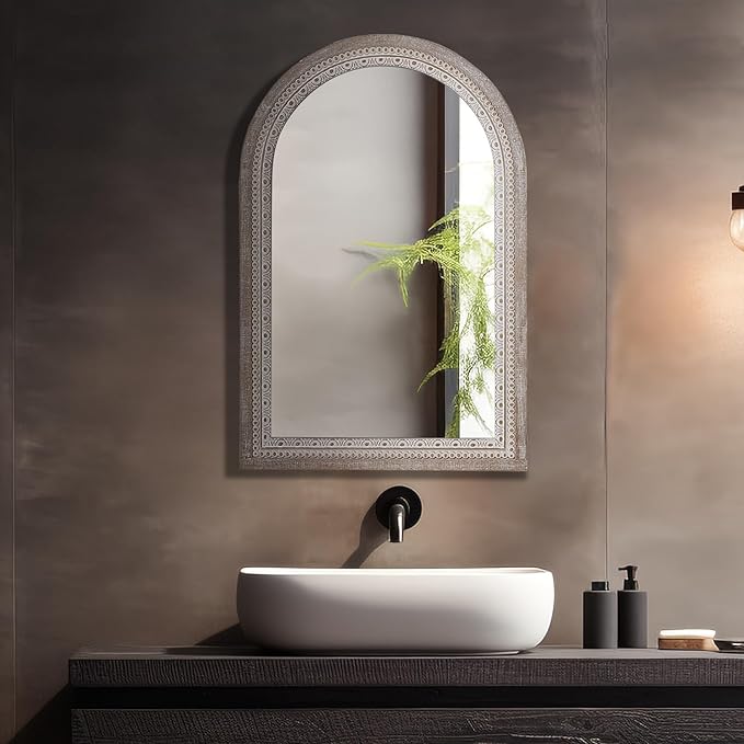 36x24'' Farmhouse Arched Decorative Wall Mirror, Farmhouse Wooden Mirrors with Beaded for Living Room, Hallway, Bathroom, Entryway - Vertical/Horizontal