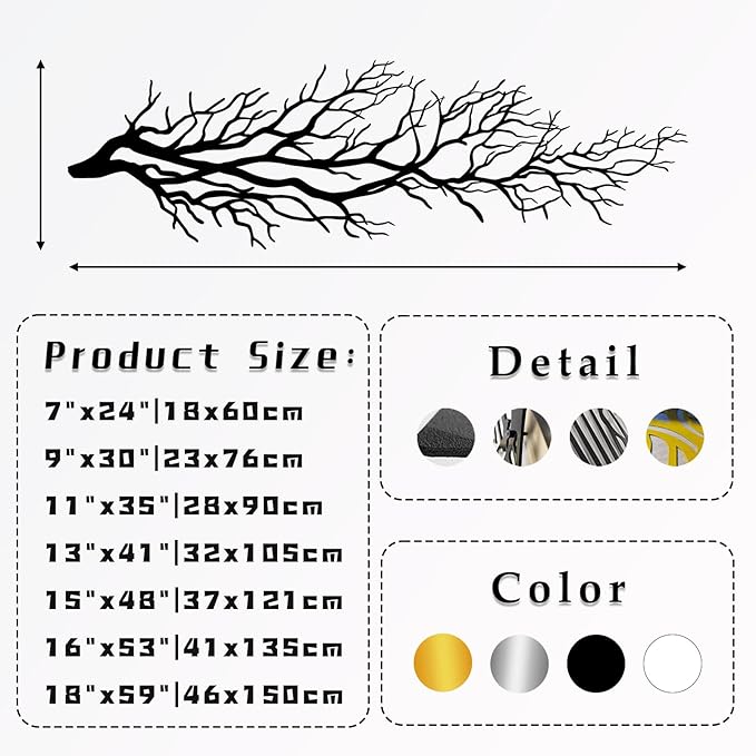 Metal Tree Branch Wall Art, Nature Sculpture, Ivy Home Decor, Large Dry Tree Sign, Housewarming Gift (18"x59"|46x150cm, White)