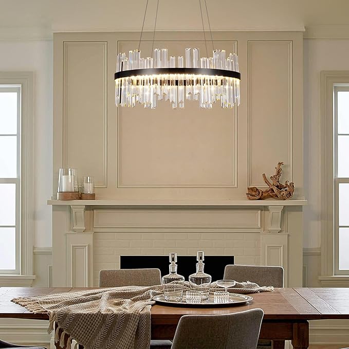 Modern Round Crystal Led Chandelier: 23.6" Black Contemporary K9 Crystals Large Chandeliers - Dimmable 3 Color Drum Ceiling Chandelier - Height Adjustable Circular Light Fixture for Bedroom Kitchen