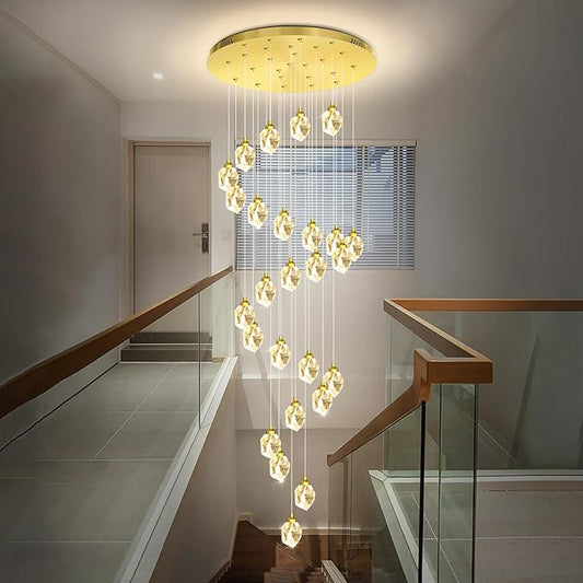 26 Light Gold Large Crystal Chandeliers for High Ceiling 135 inches Long Spiral Staircase Chandelier High Foyer Ceiling Chandelier LED Dimmable 2700-6000K
