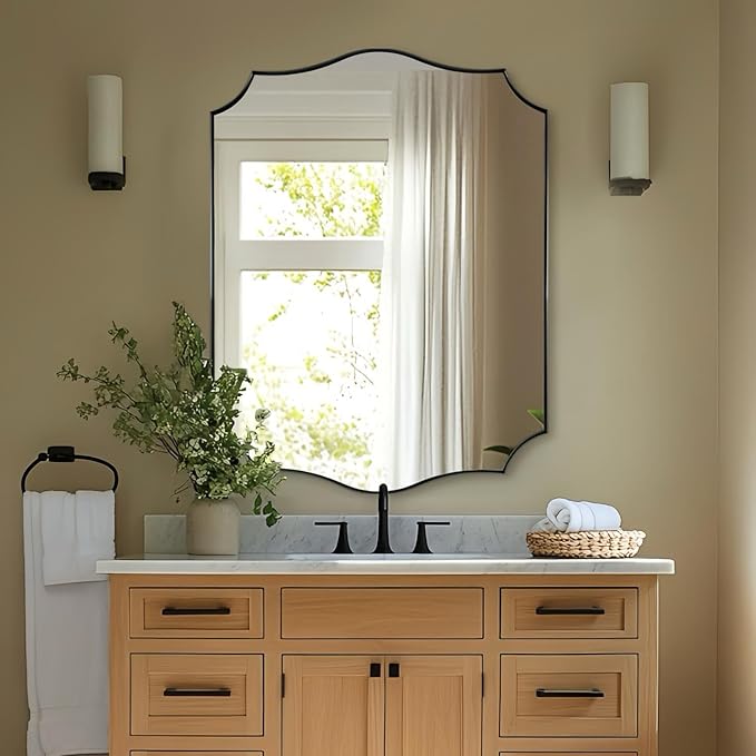 ANDY STAR 30x40 Inch Matte Black Mirror, Large Asymmetrical Wall Mirror in Premium Stainless Steel Metal Thin Frame Deep 1’’, Modern Rectangle Mirror with Unique Wavy Design Ideal for Home Decor