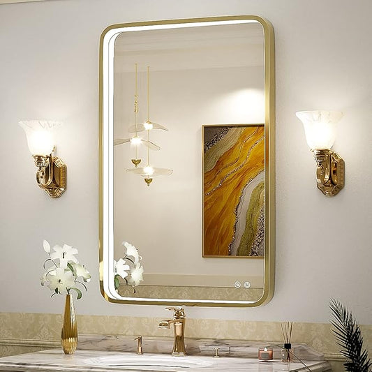 24x36 Inch LED Bathroom Vanity Mirror with lights,Wall Mounted Lighted Mirrors with Non-Rusting Gold Metal Frame Anti-Fog Memory Funtion Stepless Dimmable for Bathroom Decor(Horizontal&Vertical)