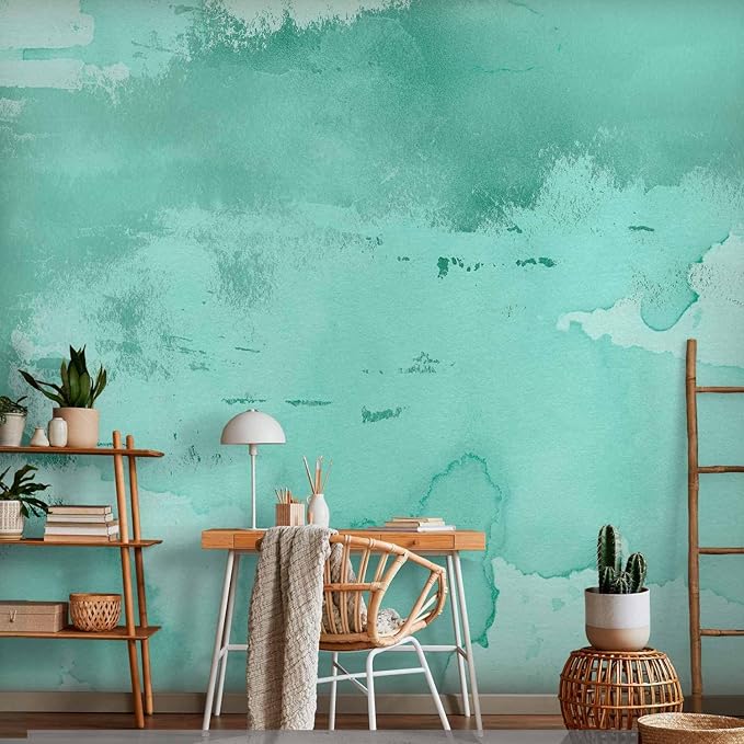 artgeist Wall Mural Concrete 135x101 in - Peel and Stick Self-Adhesive Wallpaper Removable Large Sticker Foil Wall Decor Print Picture Design Abstract Faux Stone Paint Stains Turqoise a-A-10180-a-b