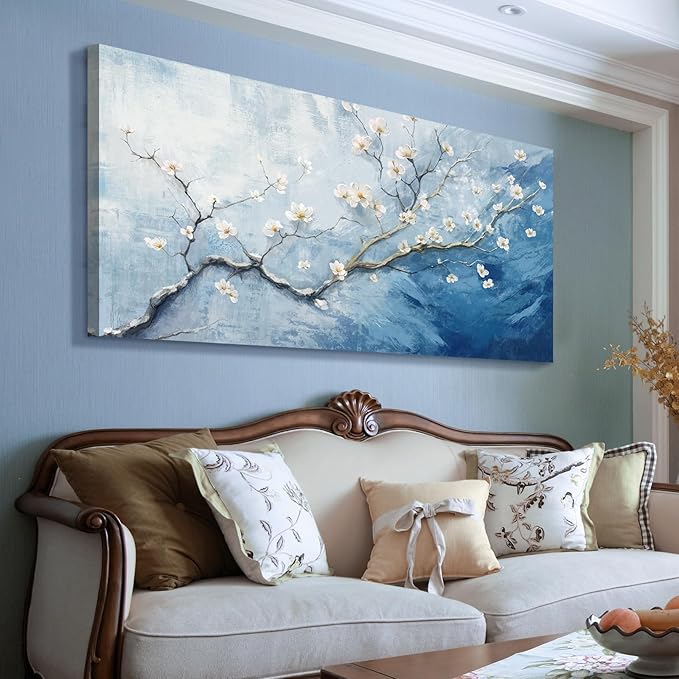 Nicetop Large Wall Art for Living Room– Blue and white Floral Canvas Art Print, Plum Blossom Flower Branch Picture Tree of Life Artwork for Modern Coastal Calming Bedroom Office Wall Decor, 48x24 Inch