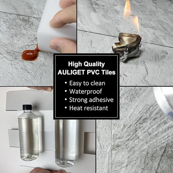 AULIGET 2-Piece Light Slate Peel and Stick Backsplash Wall Tiles, 6" x 12" PVC Faux Stone Stick on Tiles for Backsplash Kitchen, Bathroom, Laundry Room, Camper, Fireplace