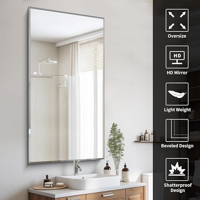 Beveled Bathroom Mirror, 30x60 Large Frameless Mirrors for Over Sink, Upgraded Shatterproof Beveled Frameless Vanity Mirror for Bathroom,Bedroom,Living Room and Entryway