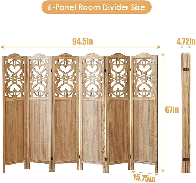 6 Panel Room Divider Fully Assembled, Carved Room Dividers and Folding Screens, 5.6Ft Wood Room Divider Screen Freestanding Partition Wall Dividers for Home Bedroom Office, Rustic Wood Color