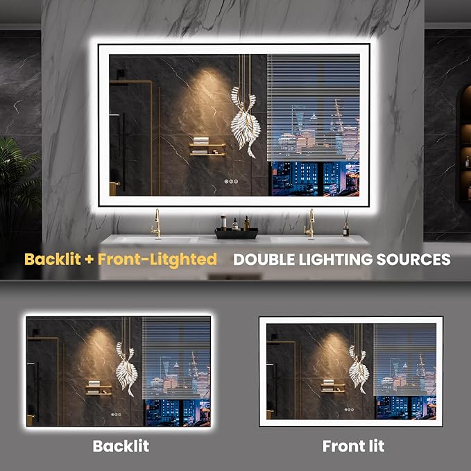 LOAAO 60"X36" LED Bathroom Mirror Black Framed, Anti-Fog, Dimmable, Lighted Bathroom Vanity Mirror for Wall, Memory Function, Tempered Glass