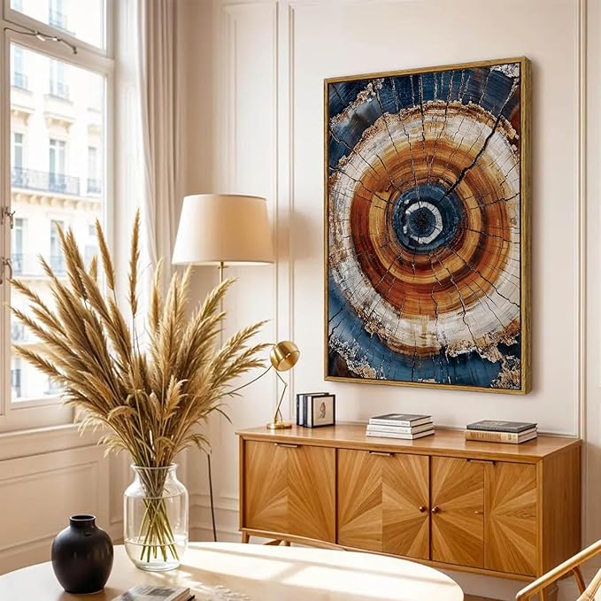 BingruiArt Large Framed Tree Ring Wall Art Wood Canvas Colorful Boho Wall Decor Rustic Artwork Abstract Painting Farmhouse Picture Nature Print for Living Room Bedroom Bathroom 24"x36" Natural Framed(05)