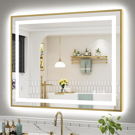 44x36 Inch LED Bathroom Mirror with Gold Frame, Backlit & Front Lit, Anti-Fog Lighted Bathroom Vanity Mirror for Wall, Memory Function, Dimmable, HD Tempered Glass, Shatter-Proof