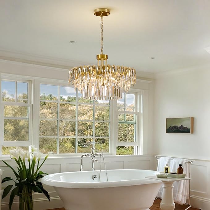 Modern Gold Round Crystal Dining room Chandelier - 23.6'' Luxury Raindrop K9 Crystals Chandeliers,Contemporary 3 Tier Ceiling Light Chandelier for Living room Bedroom Foyer Entryway (Include bulbs)