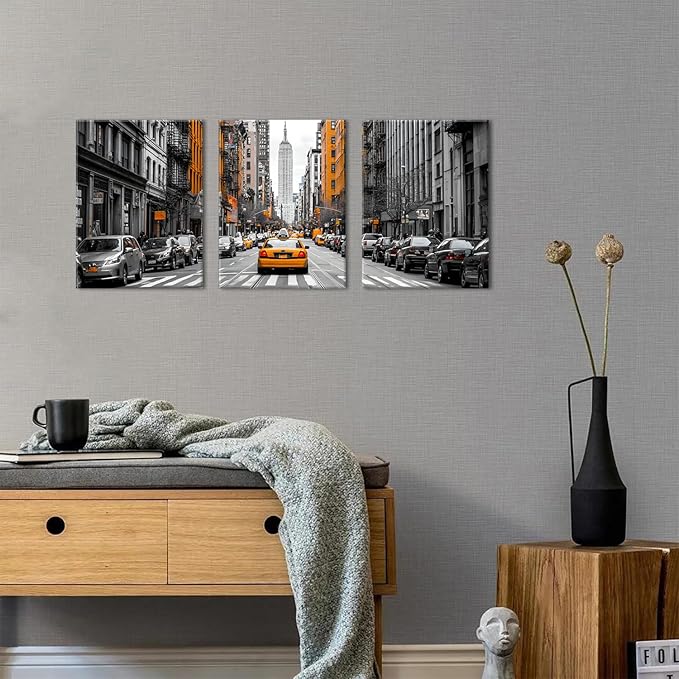 New York City Wall Art Black and White USA Street Poster Urban Yellow Taxi Car Wall Decor Building Picture Modern NYC Scenenry Panorama Artwork for Living Room Bedroom Office Home Decoration 12x16" 3P