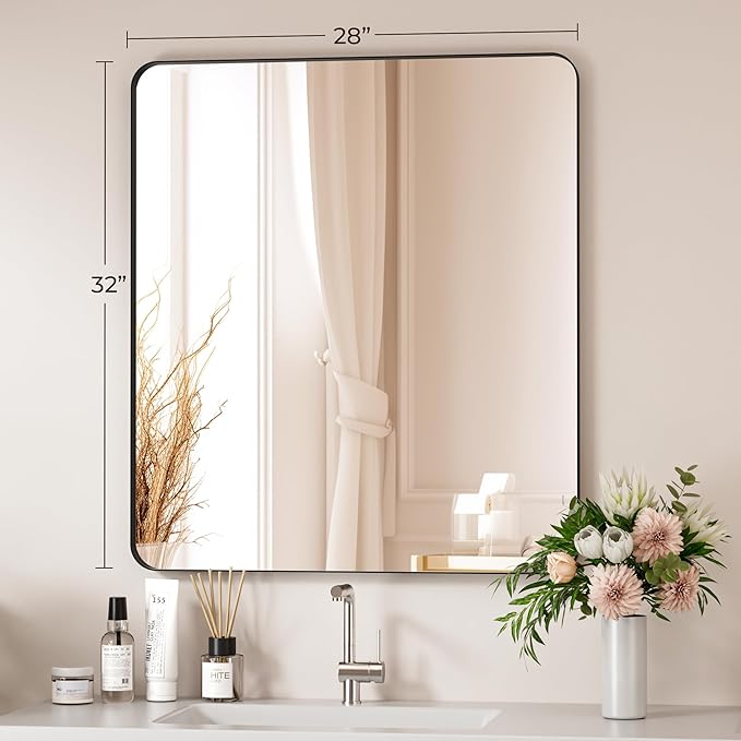 Black Bathroom Mirror 28X32 Inch Bathroom Vanity Mirror for Wall, Metal Frame Large Mirror, Tempered Glass, Modern Wall Mirror for Bathroom, Farmhouse, Horizontally or Vertically Hanging