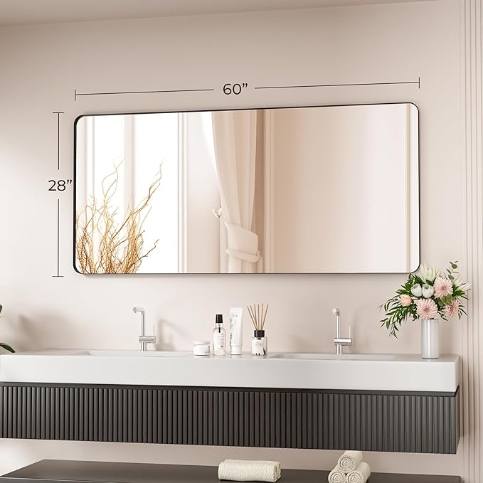 Black Bathroom Mirror 60X28 Inch Bathroom Vanity Mirror for Wall, Metal Frame Large Mirror, Tempered Glass, Modern Wall Mirror for Bathroom, Farmhouse, Horizontally or Vertically Hanging