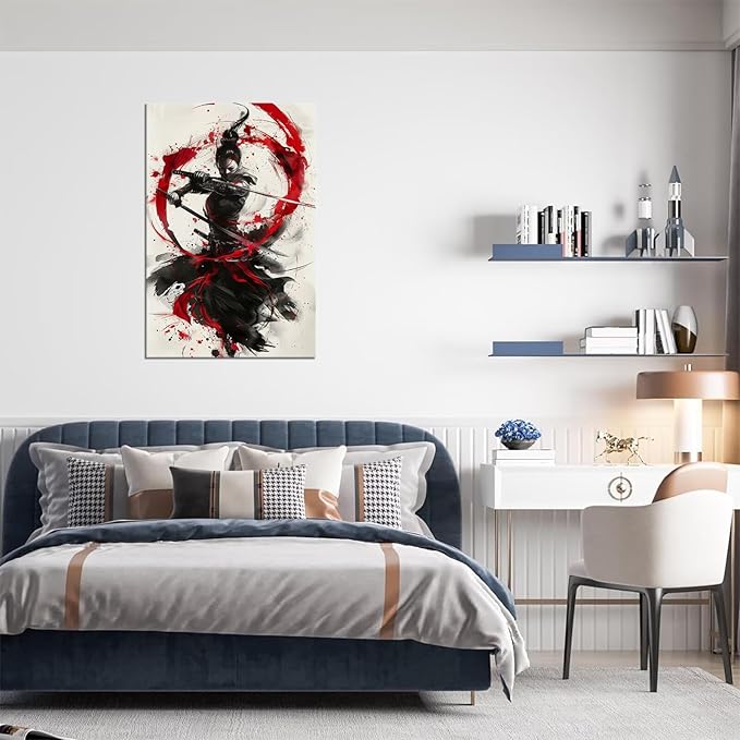 Japanese Female Samurai Wall Art Woman Fight Painting Canvas Prints Red Warrior Pictures Bushido Poster for Bedroom Classroom Dorm Living Room Aesthetic Decor Framed (28''W x 44''H)