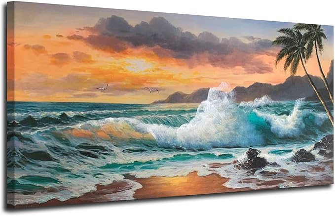 Ardemy Coastal Seascape Canvas Wall Art Living Room Beach Bedroom Paintings Seawave Tropical Pictures Wall Decor Blue Ocean Large Panoramic Landscape Artwork Home Office, 48"x24"