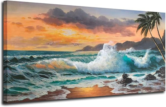 Ardemy Coastal Seascape Canvas Wall Art Living Room Beach Bedroom Paintings Seawave Tropical Pictures Wall Decor Blue Ocean Large Panoramic Landscape Artwork Home Office, 48"x24"