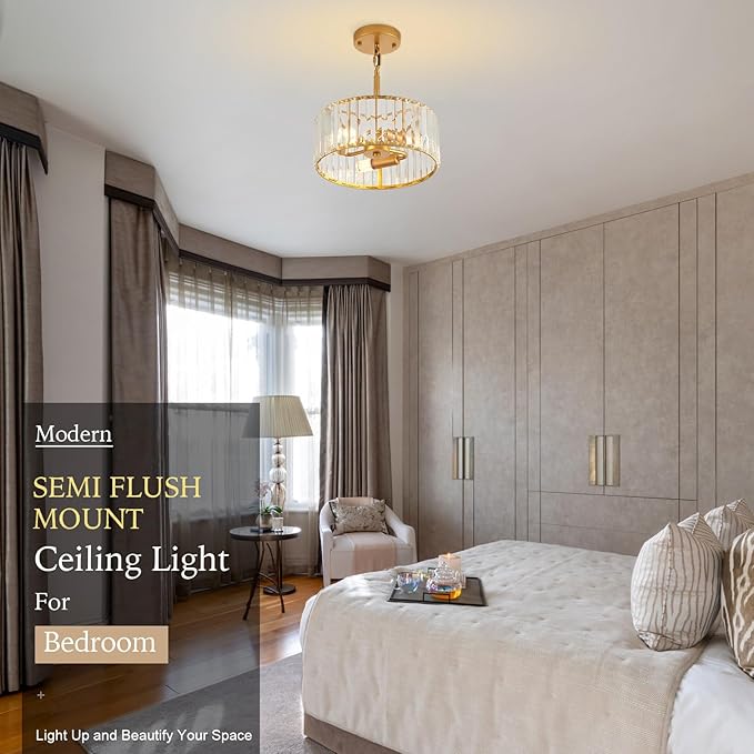 Modern Crystal Gold Chandelier for Dining Room,11.7 inch Semi Flush Mount Ceiling Dining Room Light Fixture with E12 Base*3,Round Pendant Lighting for Bedroom Hallway Bathroom Foyer Kitchen