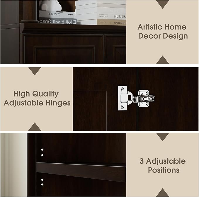 72" Roman Column Bookcase with Double Door Cabinet, 5 Tiers Tall Bookshelf Storage and Anti Tip Kit, Classic American European Modern Multi Style Design for Living Room Study Office, Dark Cherry