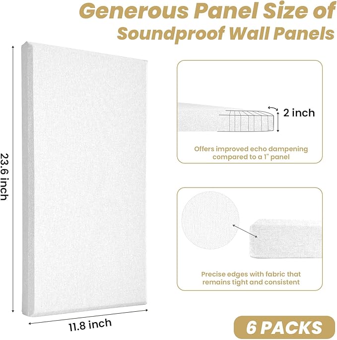 6 PCS Acoustic Panels, Large Soundproof Wall Panels, Professional Fiberglass Sound Absorbing Panels, 23.6x11.8 Inches Sound Proof Foam Panels for Walls, Studio Home Offices (White)