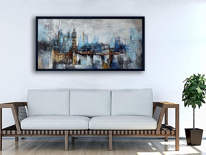 Large Wall Art for Bedroom Abstract City View Canvas Art Gray Blue Buildings Prints for Bedroom Wall Art Office Artwork Wall Decor for Living Room Decor 29x58 inches Black Framed