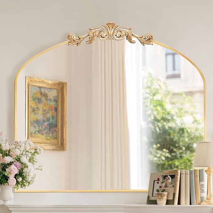 MISSDAY Vintage Arched Baroque Mirror for Wall, 36"X30" Antique Wall Mirror with Elegant Carving Top, Full Metal Frame Wall-Mounted Mirror for Bathroom, Living Room, Fireplace, Entryway, Hallway, Gold