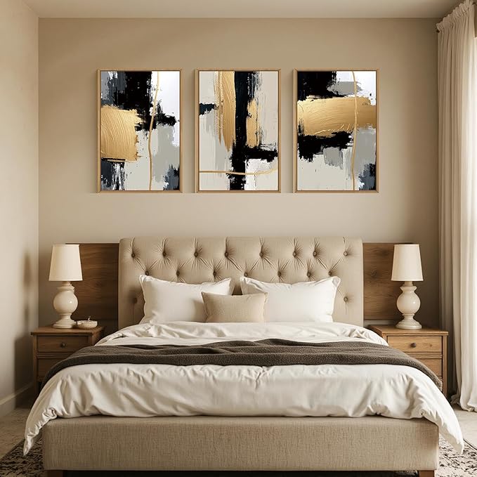Abstract Black Gold Framed Canvas Wall Art Set,Modern Minimalist Black White Wall Decor,Neutral Color Block Line Art Print for Living Room,Bedroom,Dining Room,Office-24 x36 x3