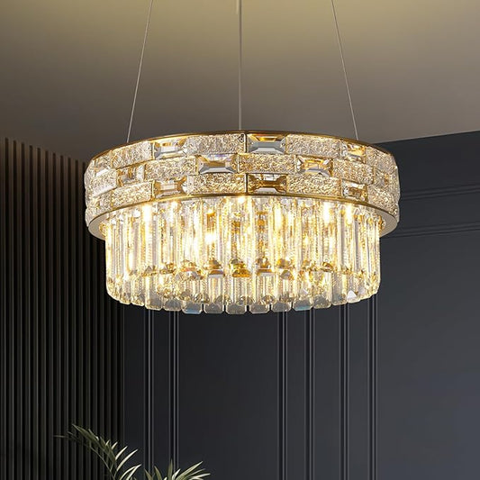 Crystal Chandelier, 16.5" 6-Light Small Chandelier for Living Room, Round Chandeliers for Bedroom Dimmable, Foyer Chandeliers for Entryway, Gold Ceiling Light Fixture Hanging Lights