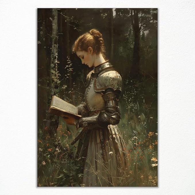 Lady Knight Reading In The Forest Wall Art, Vintage Woman Knight Oil Painting, Medieval Fantasy Poster Canvas, Dark Academia Wildflower Field Picture, Reading Wall Art for Bedroom 24x36in Unframed