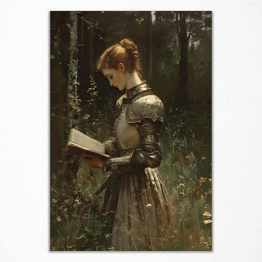 Lady Knight Reading In The Forest Wall Art, Vintage Woman Knight Oil Painting, Medieval Fantasy Poster Canvas, Dark Academia Wildflower Field Picture, Reading Wall Art for Bedroom 12x16in Unframed