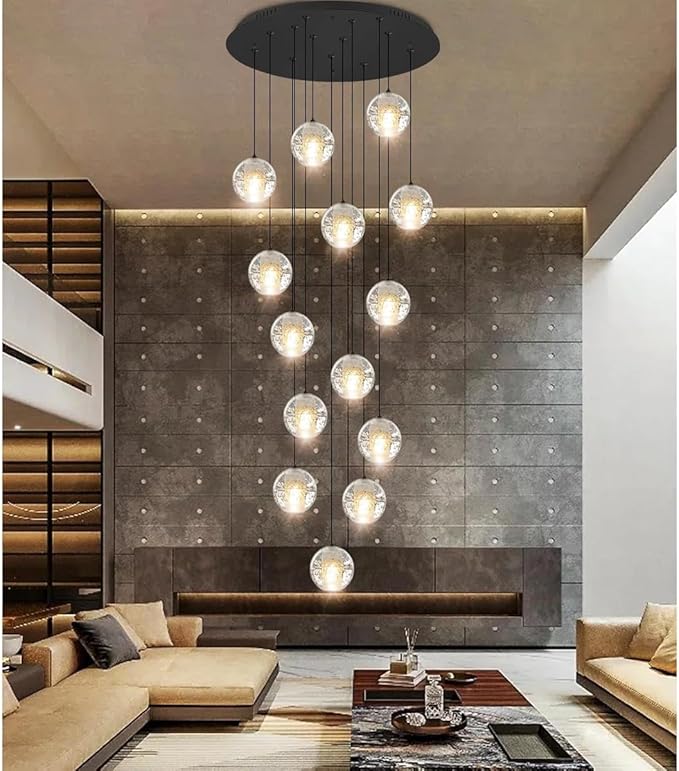 Black chandelier-14-Lights Staircase Chandelier for Living Room Hight Ceiling Foyer Pendant Lighting Fixture Modern Crystal Chandelier Spiral Stairwell Lighting Round Base Light, Warm Light