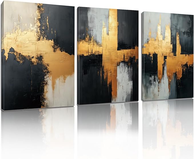 Loitspo Abstract Painting Canvas Wall Art, Black Gold Abstract Wall Art, Simple Geometric Picture Painting, Minimalist Art Pictures for Living Room Bedroom (24" x 36" x 3pc)