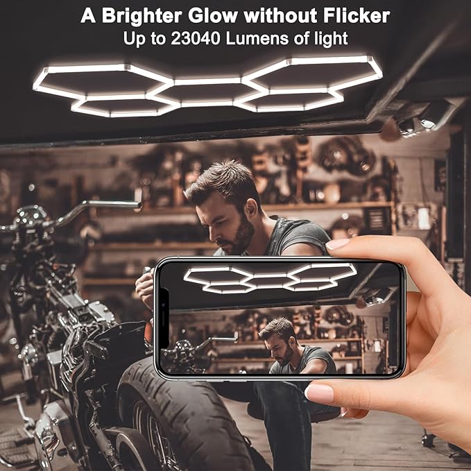 3 Colors Hexagon LED Shop Lights, 192W 23040LM Garage Ceiling Lights, Hardwire or Plug-in, IP62, Flicker-Free, Expandable DIY Design for Workshop Garage Gym, 25 Pack