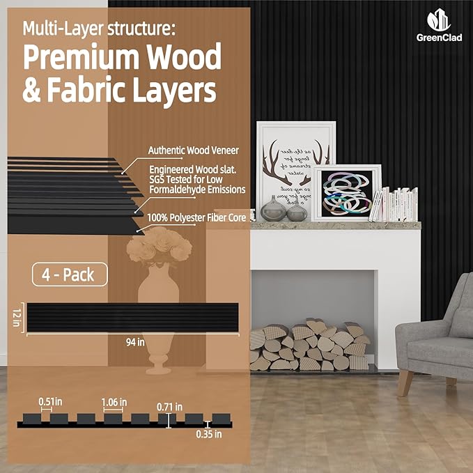 Acoustic Wood Slat Wall Panels - Ebony Soundproof Paneling for Interior Wall Decor, Modern Design, 94" x 12", 4-Pack