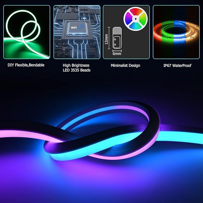 16.4ft WiFi RGB Rope Lights with Music Sync, Waterproof Flexible Dimmable Smart LED Strip Lights for Bedroom with Remote and Adapter, Compatible with Alexa, Indoor Outdoor Decor