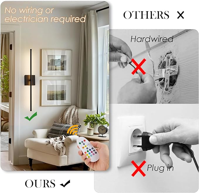 Battery Operated Wall Sconces Set of Two, with Remote Control, Dimmable, Warm White/Natural White/Daylight/RGB, 350°Rotate, LED Black Wireless Wall Light for Living Room, Bedroom, 28.3 Inch