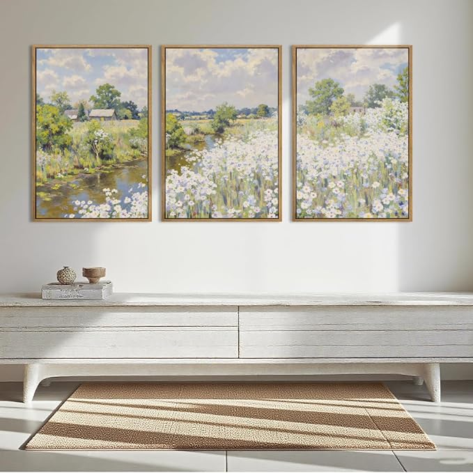 BINCUE Framed Wildflower Wall Art Rustic Floral Wall Decor Vintage Landscape Artwork for Living Room Bedroom Bathroom 16x24 Inches Set of 3