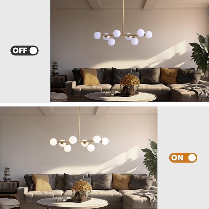 Modern Linear Chandelier, Mid Century Gold Brass Sputnik Pendant Light with White Glass Lampshade,8 Lights Globe Rectangle Chandelier,for Dining Room Kitchen L31.4 xW10.6