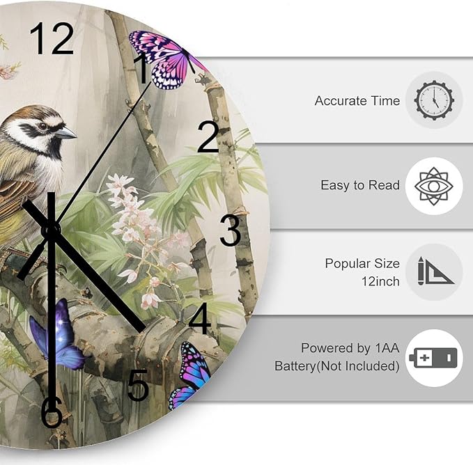 Bird Flower Hummingbird Decorated Round Wall Clock, Retro Watercolor Bamboo Forest Ink-Wash Painting Style Spring Garden Tropical Flower Wooden Silent Wall Clock 12x12INCH